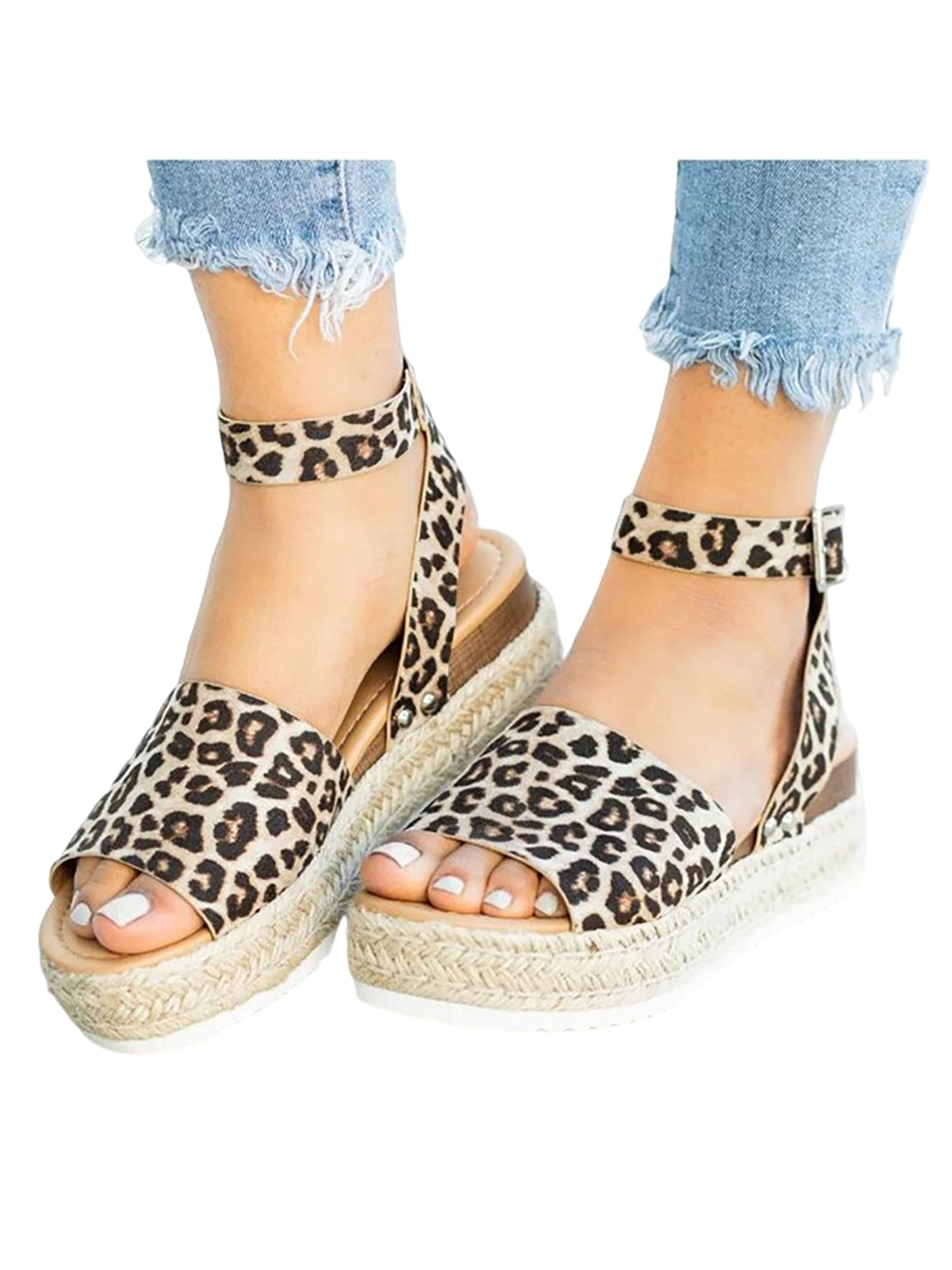 Woobling Women's Flatform Sandals Ankle Strap Open Toe Summer Shoes Leopard Size 11 - Walmart.com