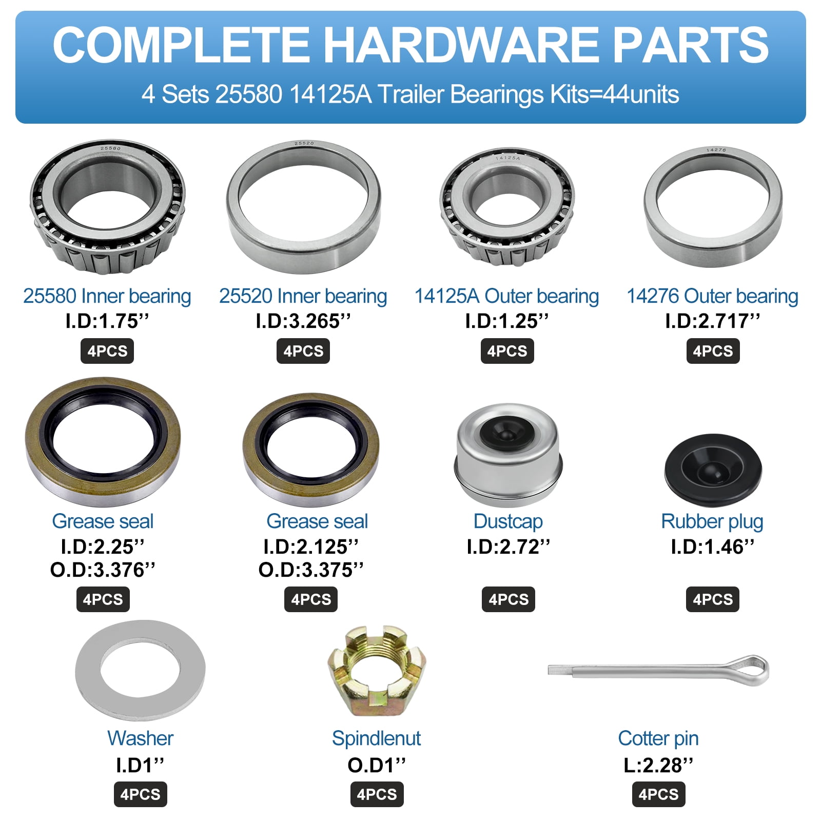 4 Set 25580 14125A Trailer Axle Bearings Kit with 10-36 22333TB Grease Seals,2.72'' Trailer Dust Caps, Cotter Pins, Axle Nuts & Washers, Fits for 1.25" to 1.75" 5200-7000 lb Tandem Axles #D42 Spindle