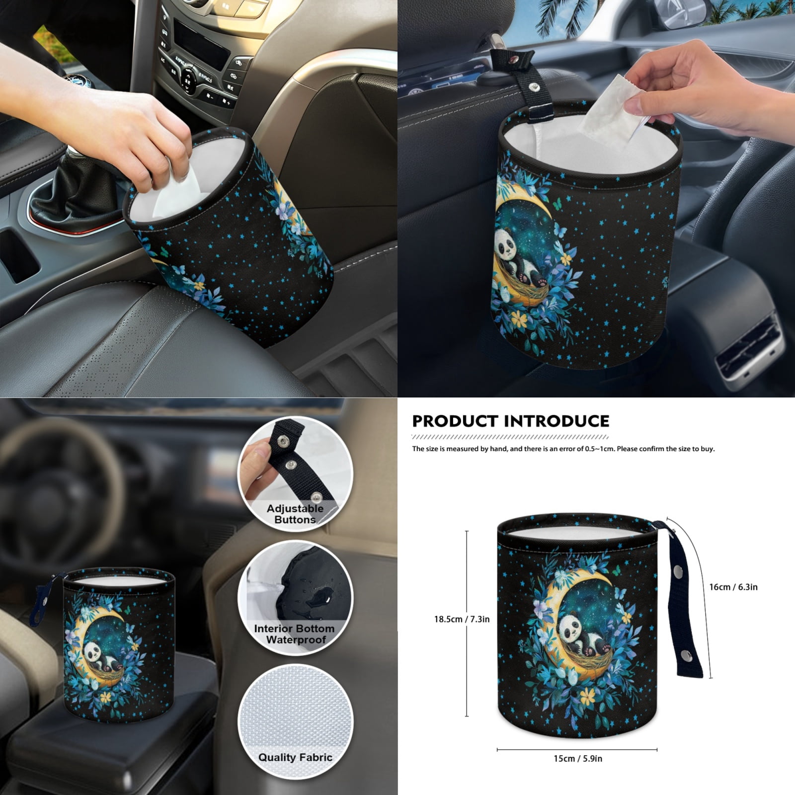 Jeiento Cute Panda Auto Accessories Set Car Seat Covers Steering Wheel Cover Seatbelt Pad Trash Can Moon Rear View Mirror Protector Handbrake Cover Set Car Armrest Cover Coasters for SUV Sedan Van