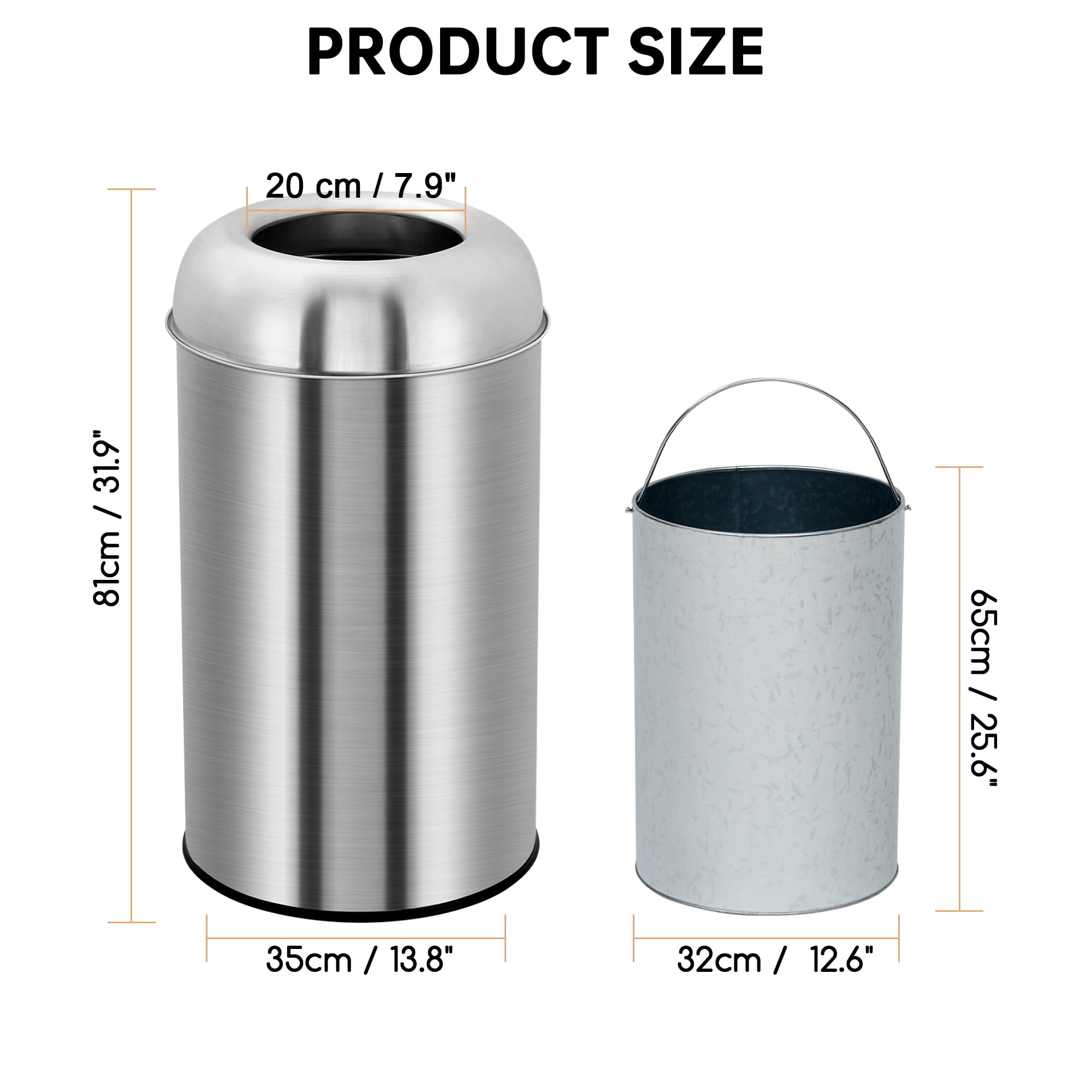 Open Top Trash Can, Commercial Grade Stainless Steel Garbage Can with Removable Inner Bucket, Outdoor Indoor Space-Saving Industrial Waste Container for Home, Office, Restaurant