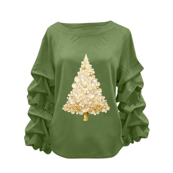 Christmas Sweatshirts for Women Round Neck Pleated Long Sleeves Christmas Tops Xmas Graphic Christmas Tree Print Christmas Shirts Tops