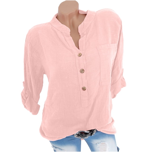 Dealovy Hauts Grande Taille pour Femmes en Coton et Lin d'Été Décontractés à Col Montant à Manches Longues Blouses Amples