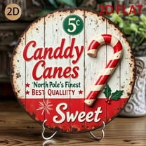 HELLOYOUNG Vintage Candy Cane Metal Wall Art - Rustic Circular Tin Sign Red White Stripes Holly Christmas Holiday Home Decor