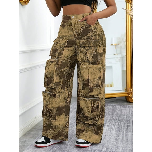 Women's Camo Cargo Wide Leg Pants High Waisted Y2K Streetwear with Multi Pockets Edgy Apocalyptic Vibe