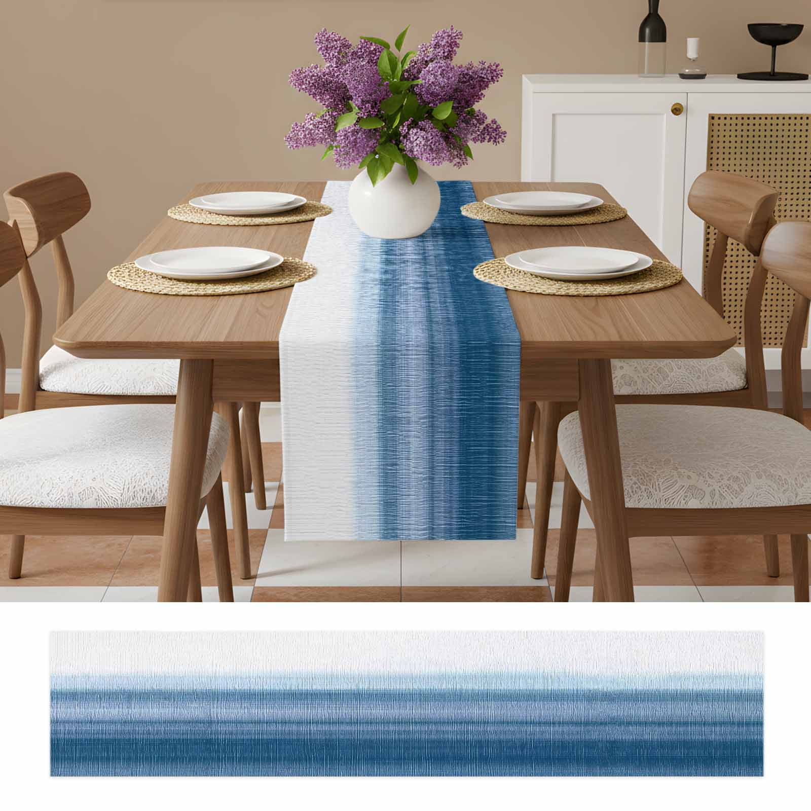 Haze Blue White Ombre Table Runner, Vintage Gradient Striped Aesthetics Washable Cotton Linen Table Runners 60 Inches Long, Dresser Scarf Runner for Coffee/TV Stands/Kitchen/Cabinets 13''x60''