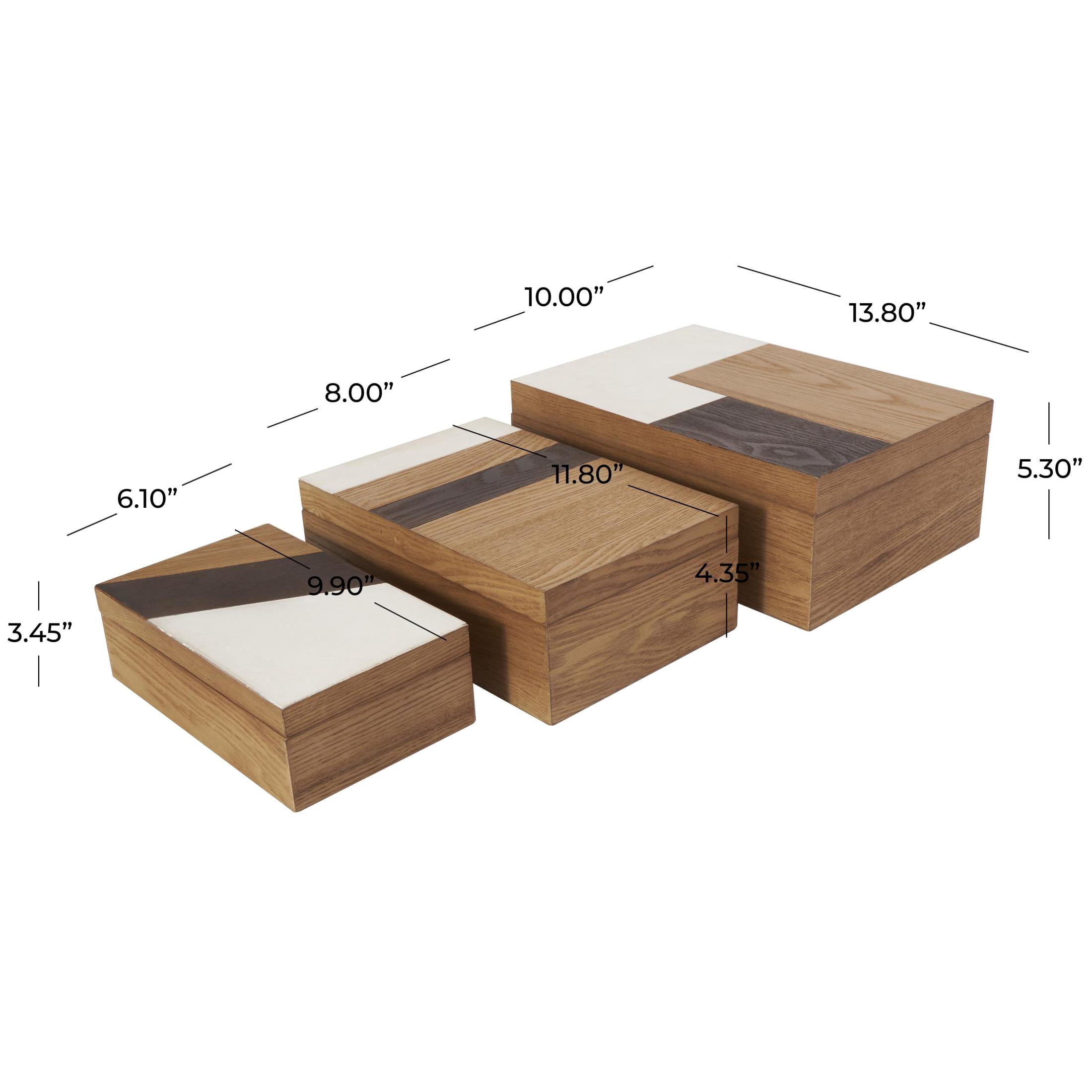 DecMode Geometric Brown Wooden Decorative Box with Cream and Dark Brown Stripes, 3 Count