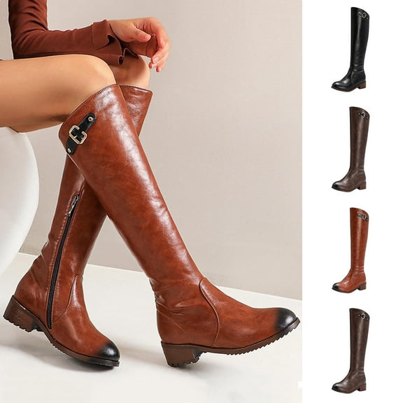 LOVZFMLL Cowboy Boots for Women Knee High Chelsea Boots Side Zipper Round Toe Slip Resistant Low Block Heel Fall Winter Fashion