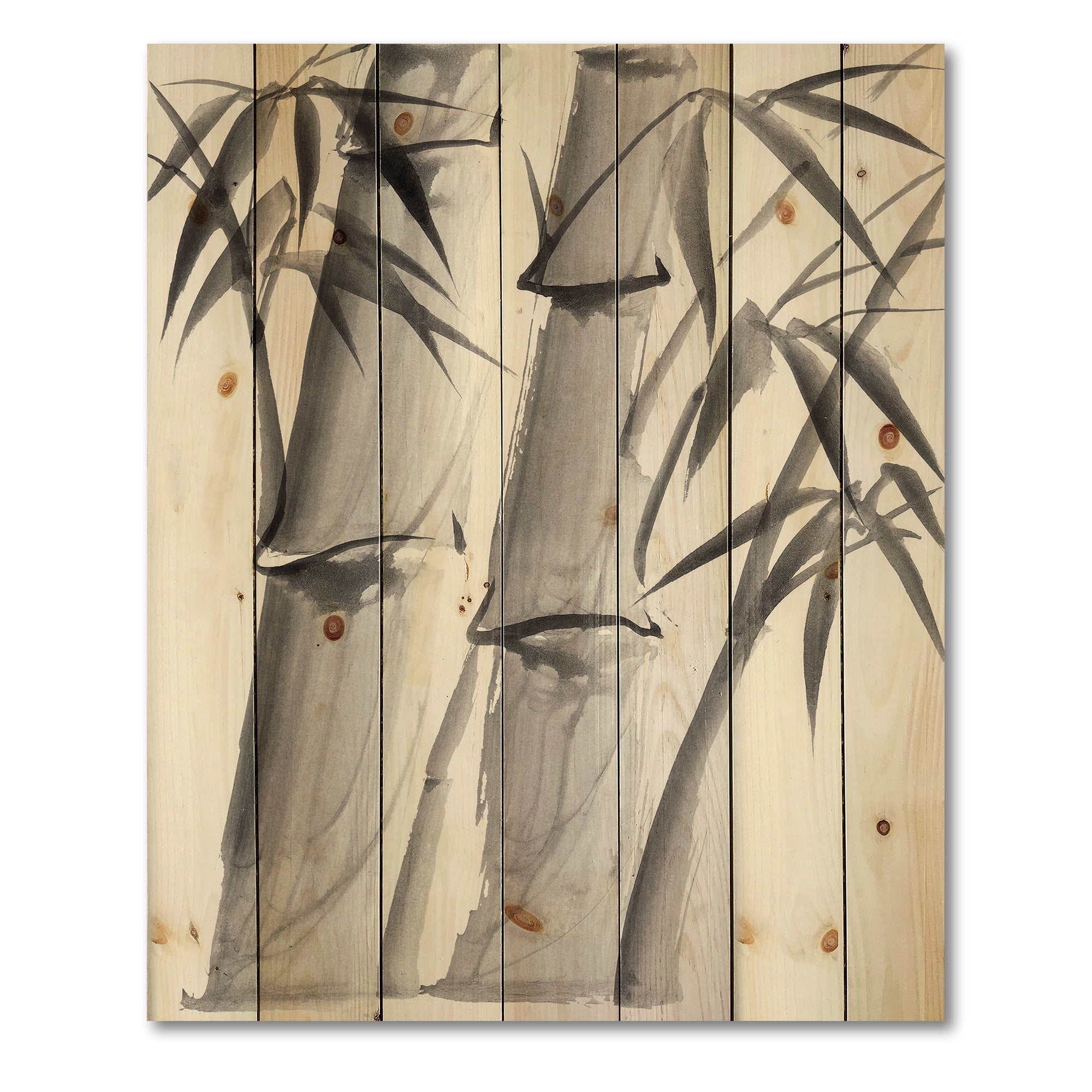 Designart 'Vintage Black and White Bamboo IV' Traditional Print on Natural Pine Wood