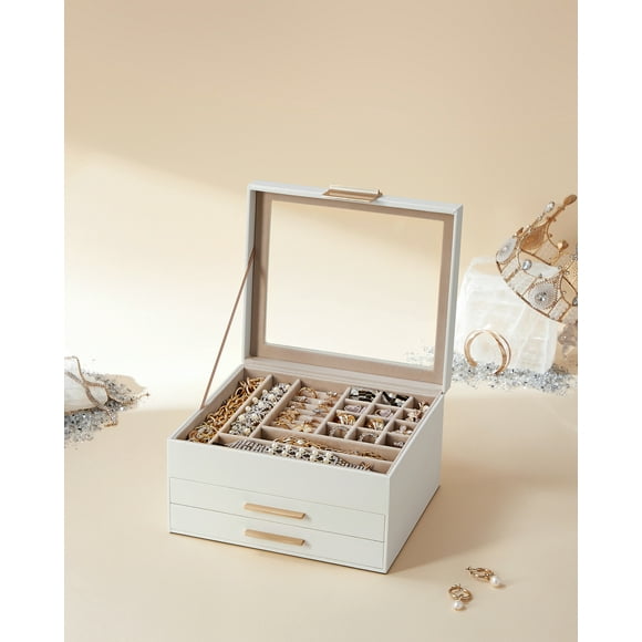 SONGMICS Caja De Joyas 1 Pieza Para Adultos, Joyero De 3 Niveles Con 2 Cajones, Blanco Nube Y Dorado
