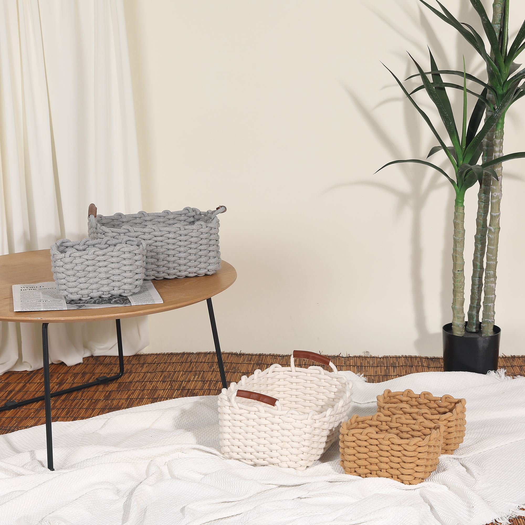 Unique Bargains Woven Storage Basket Shelf Storage Bin with Handle for Key Tray Bowl Brown