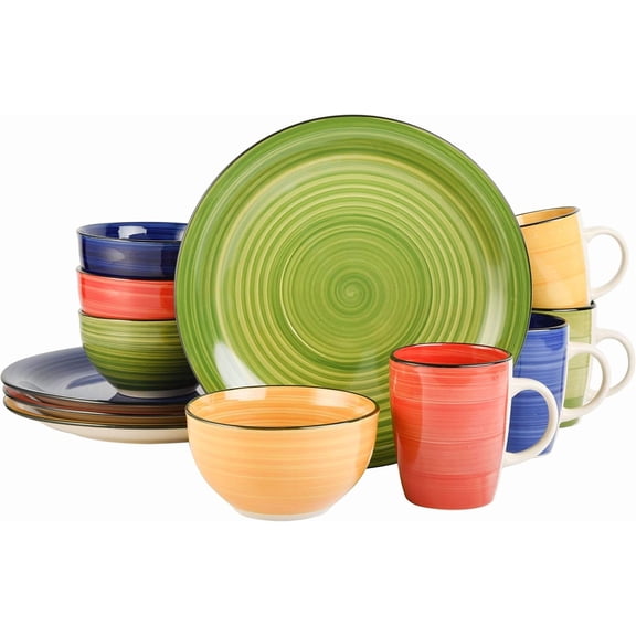 Gibson Home Color Vibes 12-Piece Hand-Painted Stoneware Dinnerware Set – Vibrant and Unique Tableware for Everyday Dining or Entertaining Guests