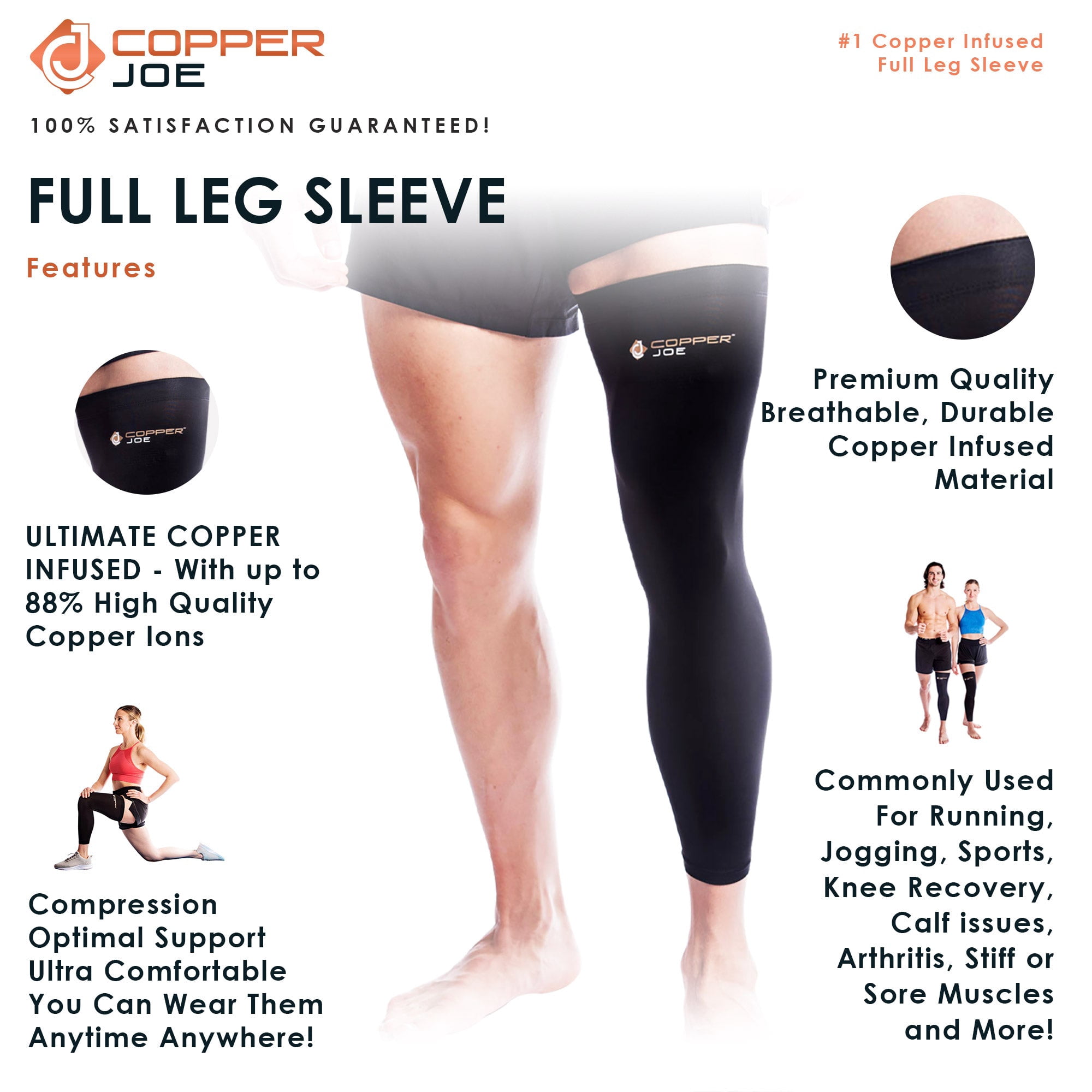 Copper Joe Full Leg Compression Sleeve — Copper Infused Knee Compression Sleeve & Knee Brace for Men and Women, Calf Compression Sleeve, Shin Splints, Thigh Compression