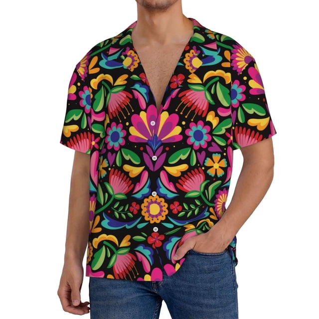 Fotbe Colorful Floral Embroidery Mexican Camisa Estampada de Manga Corta para Hombre, Casual de Verano, Estilo Playero, Sin Arrugas-Large