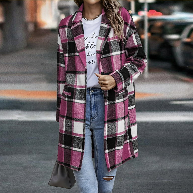 XFLWAM Women s 2022 Plaid Shacket Jacket Casual Lapel Button Down Wool Blend Winter Tartan Trench Coat with Pockets Hot Pink M