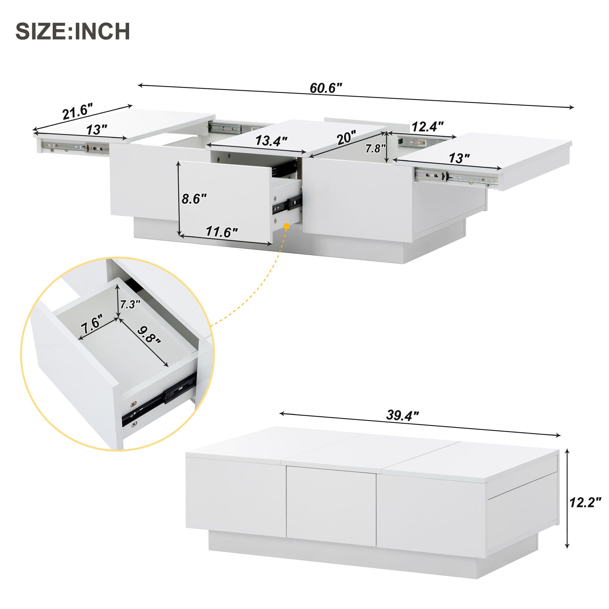 DEALTOPS Modern Coffee Table with Sliding Top and 2 Hidden Storage Compartments, High-gloss End Table with 2 Drawers for Living Room -White