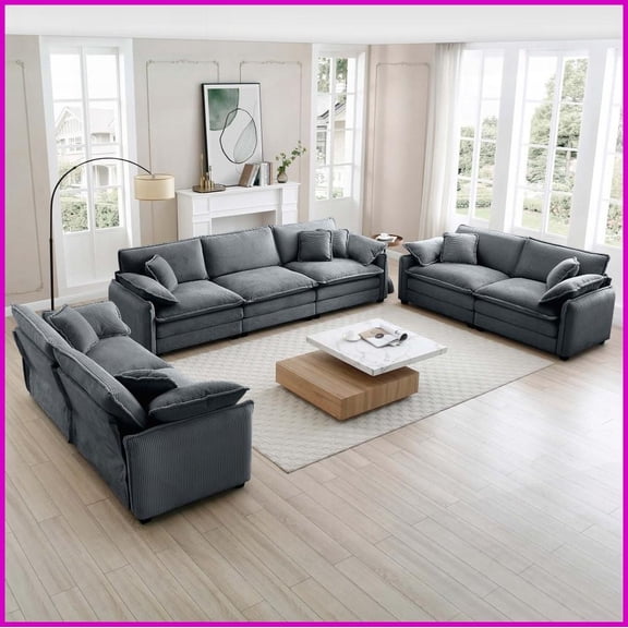 Modern 3-Piece Living Room Sofa Set – 2x 2-Seater 1x 3-Seater, Grey Corduroy Deep Seat with Cushions & Pillows