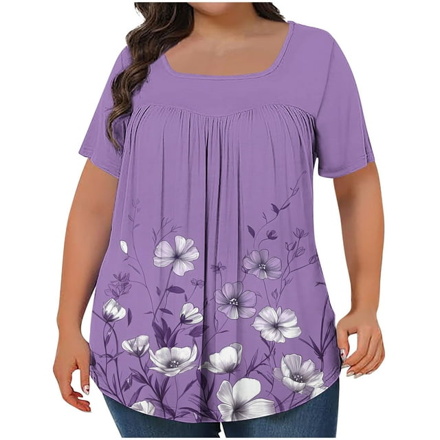 Plus Size Tops for Women Short Sleeve V Neck Shirts Solid Color Basic Tees Loose Summer Pullover Tops Dressy Casual Tee Shirts Trendy Spring Summer Tunic Tops,Plus Size Cotton Tops Purple,XXXXXL