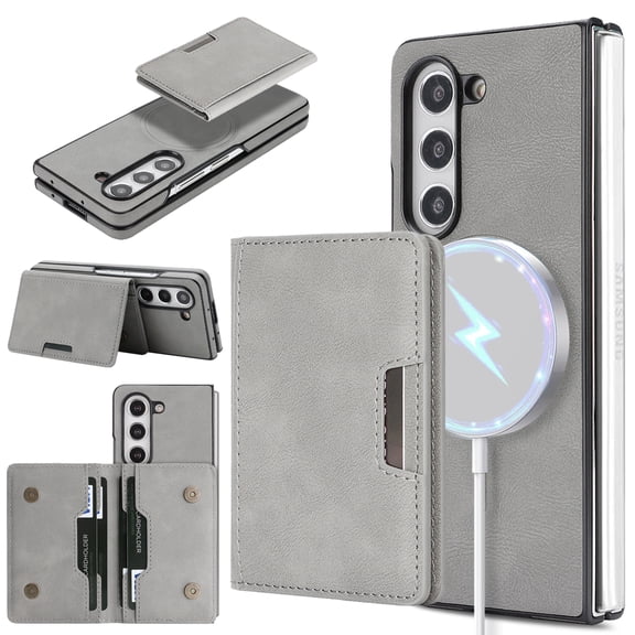 Luxury Business Case for Samsung Galaxy Z Fold 8 Ultra, PU Leather TPU Cover with Magnetic Detachable Card Holder Kickstand Microfiber Lining Protective Case - Gray