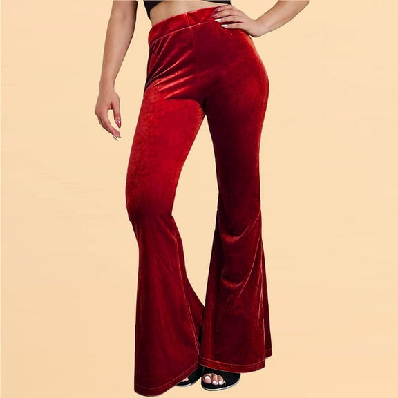 Fengqque Women's Solid Color Velvet Retro Fashion Casual Elastic Waist High Waisted Tight Flared Pants Red 10(XL)