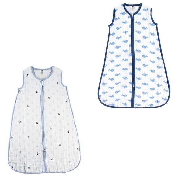 Hudson Baby Boy and Girl Muslin Sleeping Bag 2 Pack, Blue Whale and Blue Anchors, 6-12 Months