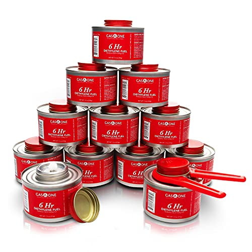 Gas One 6 Hour Chafing Fuel - Food Warmer For Chafing Dish Buffet Set - Liquid Safe Fuel With Wick & Lid Opener 7.4 Oz (Pack Of 12)