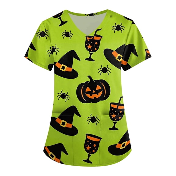 Halloween Womens Scrub Tops Funny V Neck Spooky Pumpkin Witch Hat Printed Scrub Shirts Horror Short Sleeve Scrubs Medical Nurse Uniform Nursing Workwear with Pockets, XL