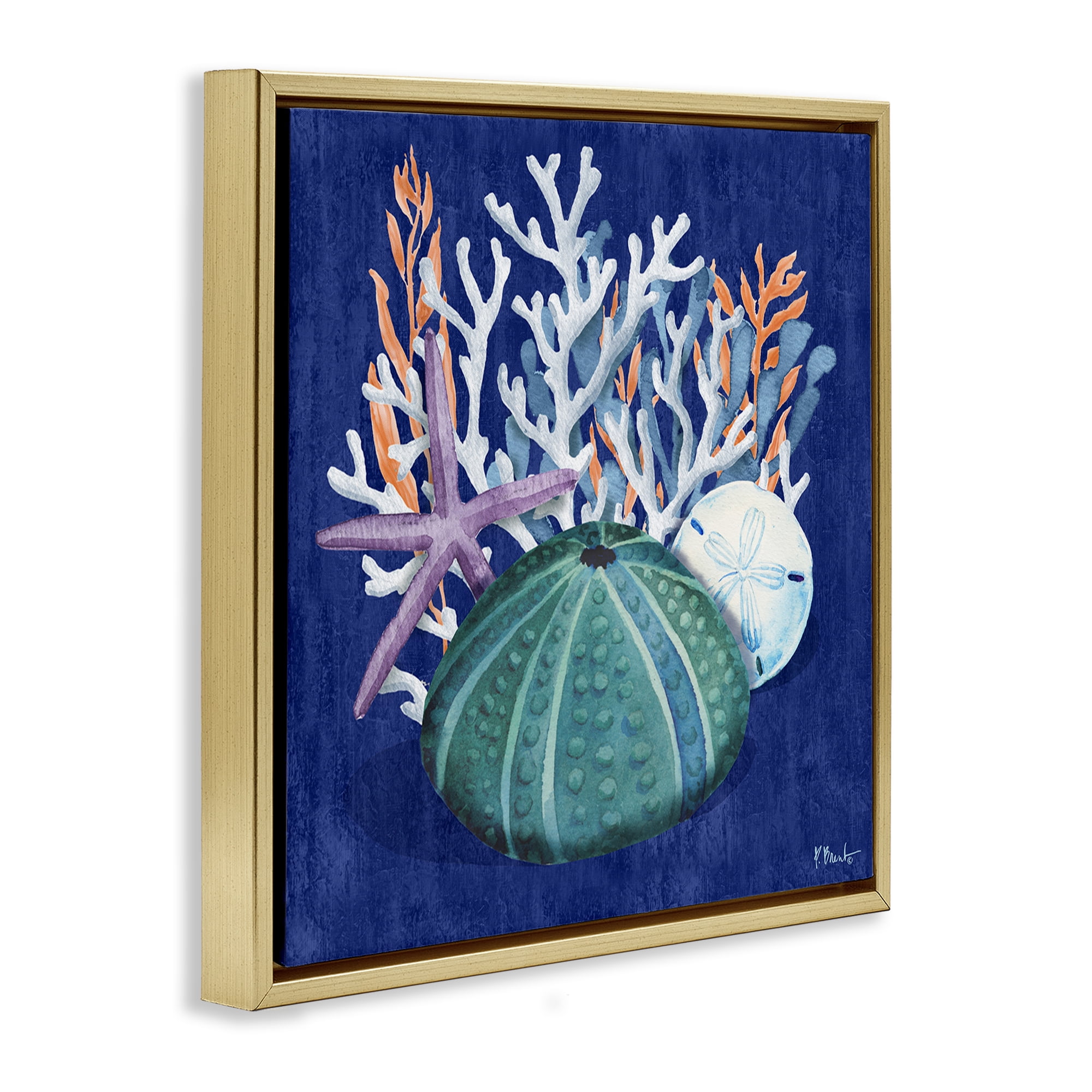Stupell Industries Monterey Urchin & Coral Coastal Painting Gold Floater Framed Canvas Art Print Wall Art, 25 x 25