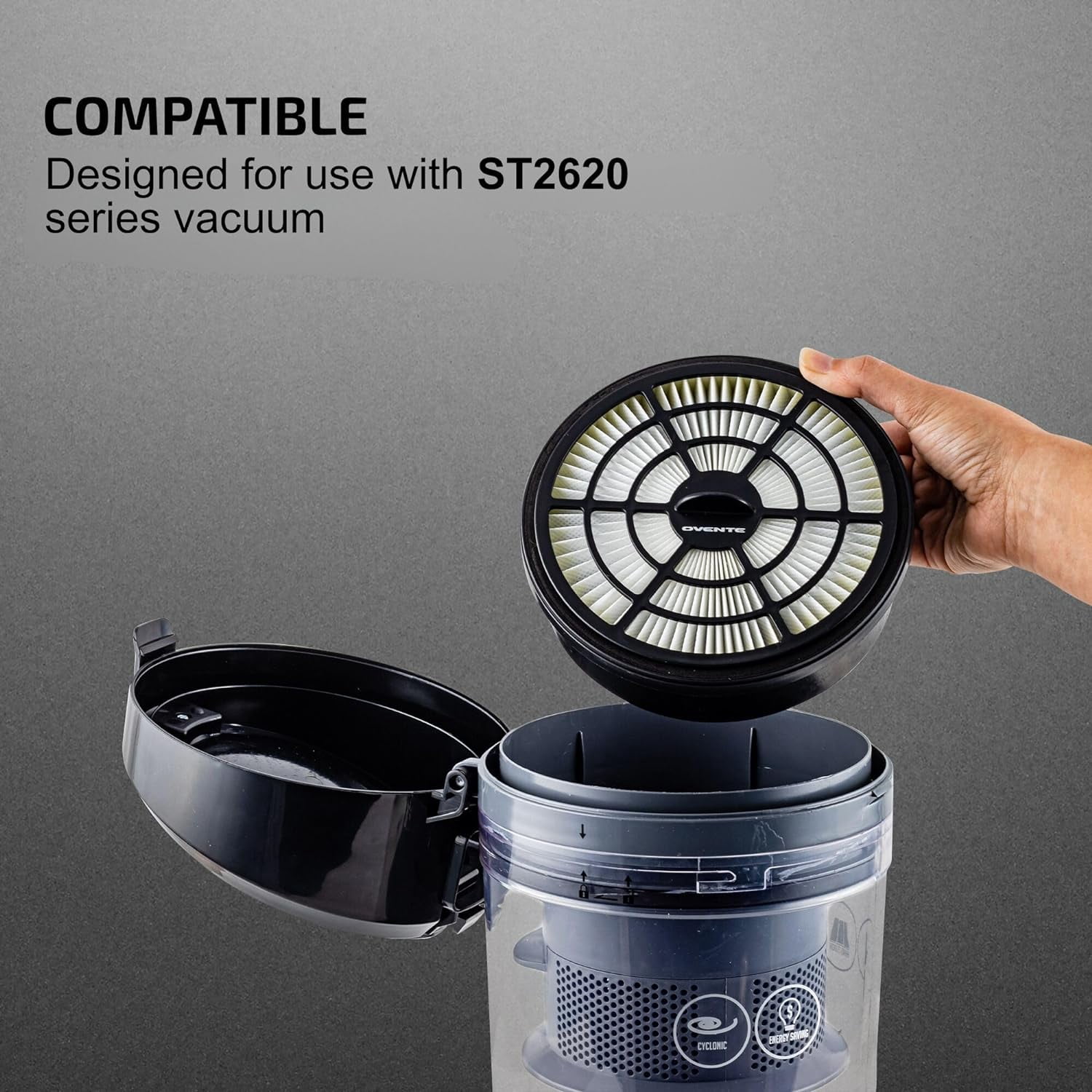 OVENTE Replacement Filter for ST2620 Bagless Canister Vacuum Cleaner (Pack of 2) with Ultra-Dust and Small Particles Filtration, Easy to Remove and Install, Black ACPST26702