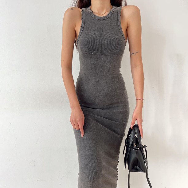 2024 nuevo liso básico Vintage sin mangas acanalado ceñido al cuerpo vestido de punto de verano para mujer Casual Sexy ajustado a la cadera vestido Midi para mujer