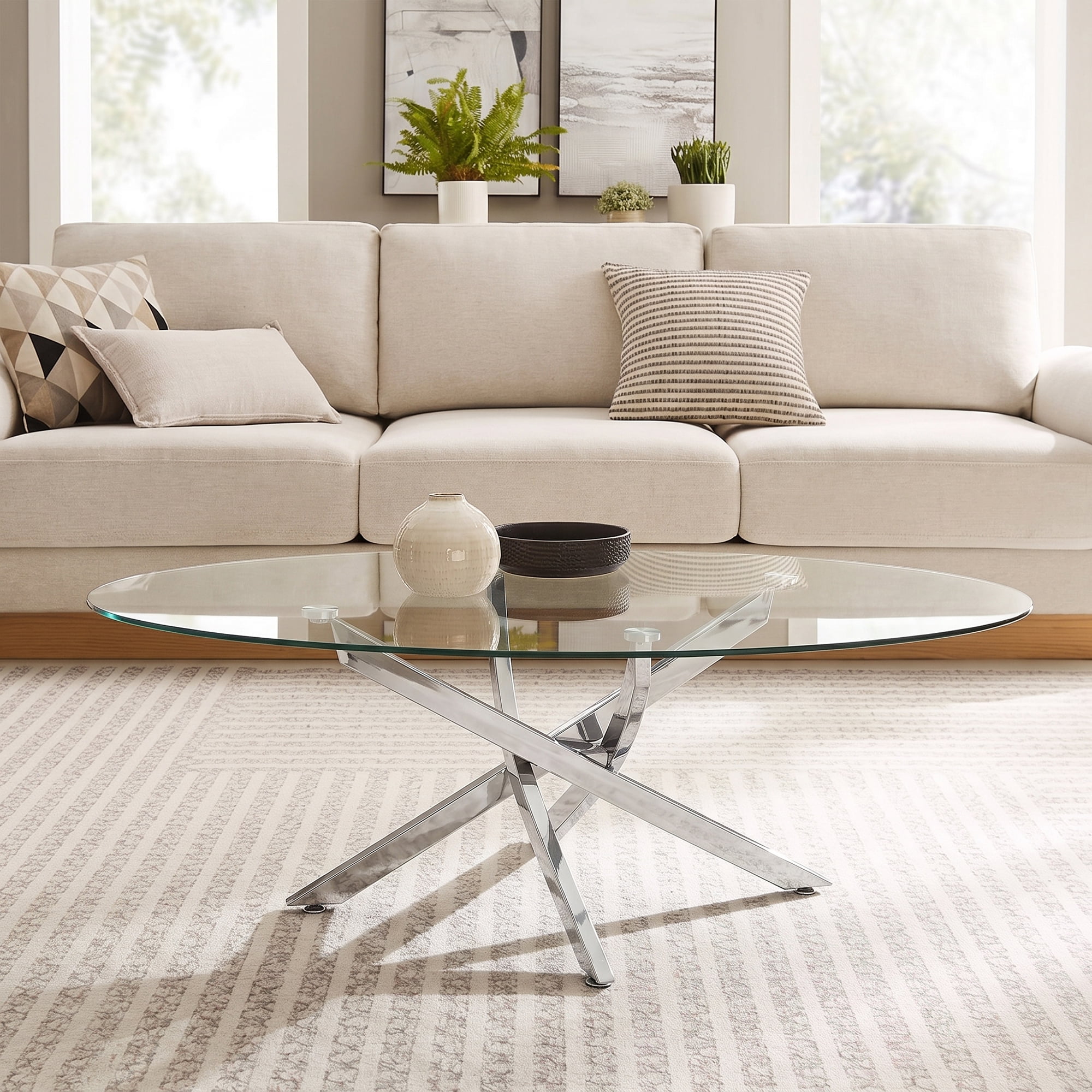 Oval Coffee Table with Tempered Glass Top and Silver Metal Legs, Modern Side Table and Tea Table for Living Room, 39.37 Inch, Silver