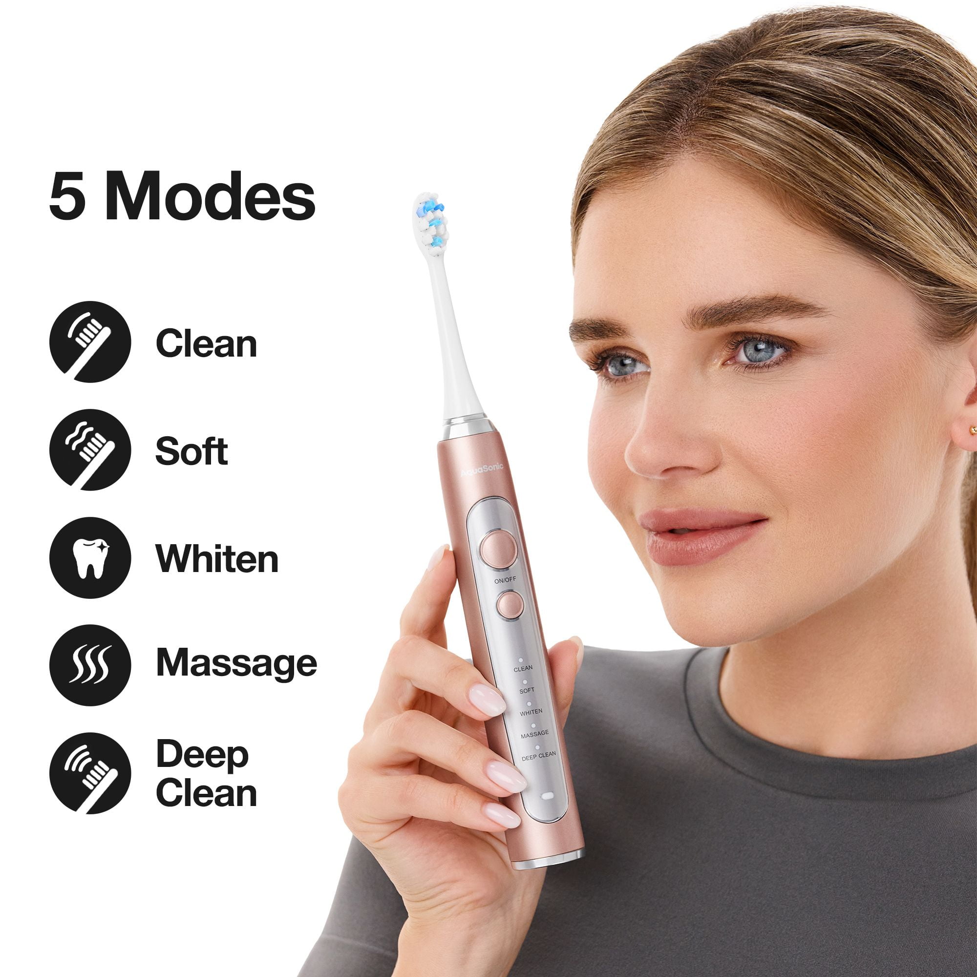 AquaSonic Precision Rechargeable Electric Toothbrush, 5 Modes, 4 Brush Heads, Travel Case, Rose Gold