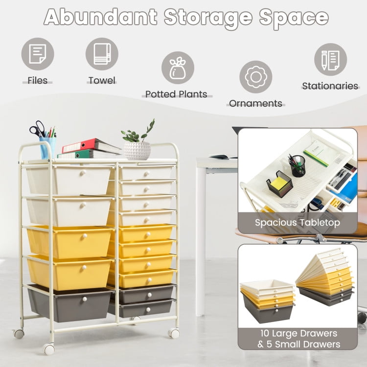 Demi Bonn 15-Drawer Utility Rolling Organizer Cart Multi-Use Storage with 4 Universal Casters, Yellow & Beige & Gray