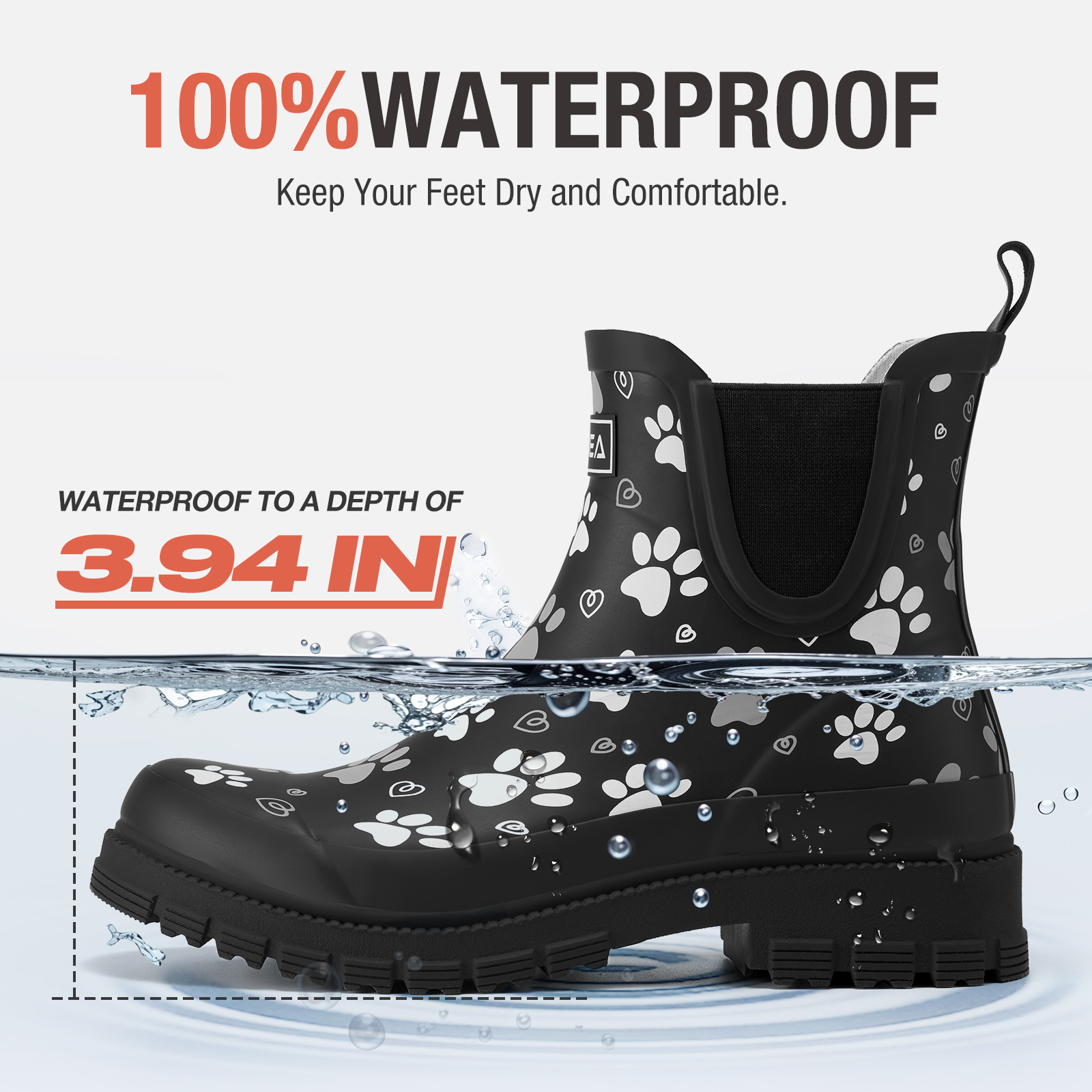 Women's Ankle Rain Boots, Waterproof Chelsea Boots,Matte Black with Paw Print,Size 7