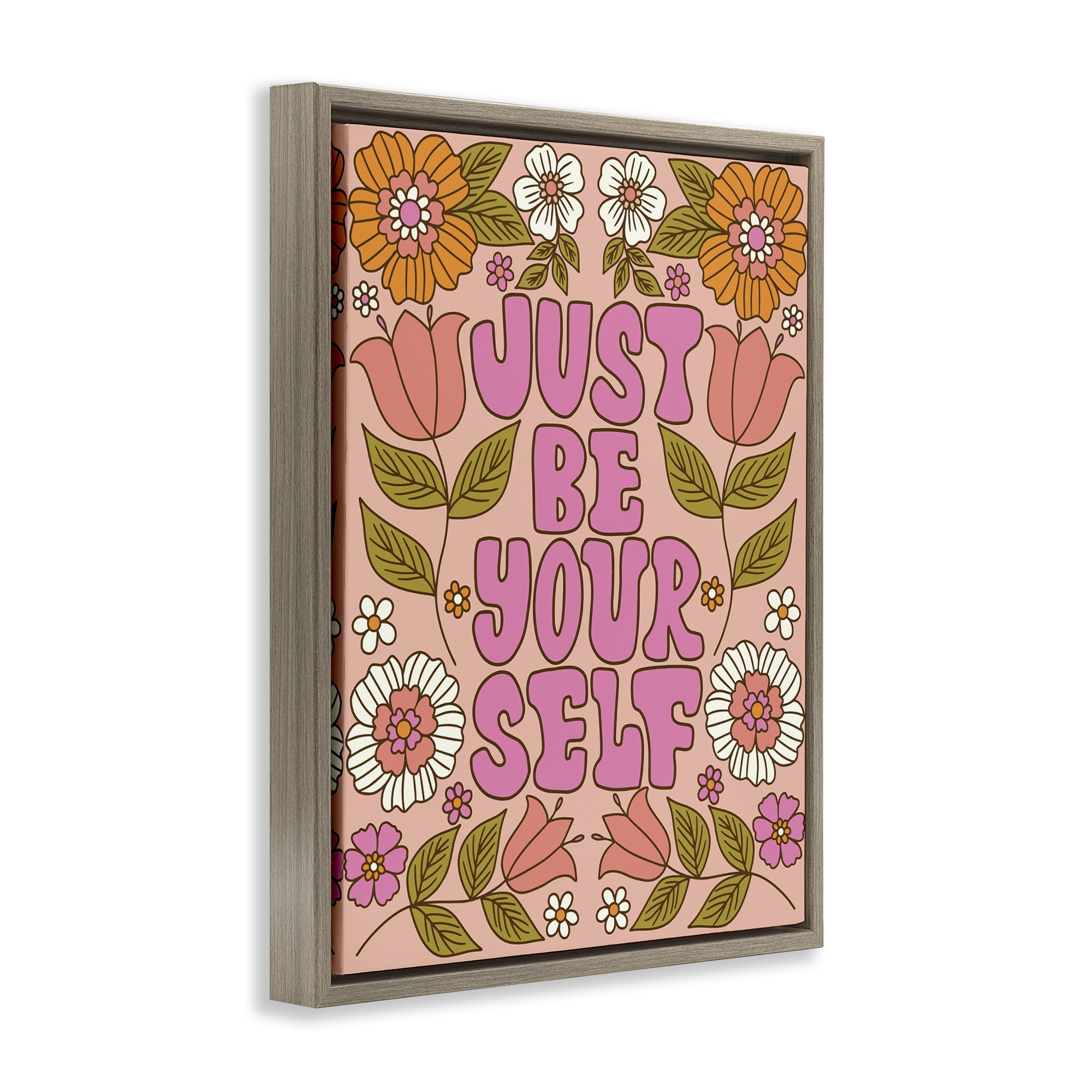 Stupell Industries Be Yourself Flower Power Plants & Flowers Painting Brown Floater Framed Canvas Art Print Wall Art, 25 x 31