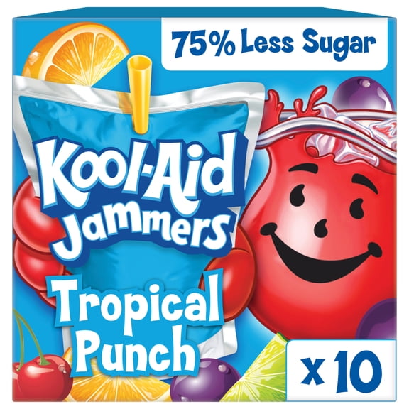 Kool-Aid Jammers Artificially Flavored Drink, 10 Pouches, for School Lunches and On-the-Go Hydration, Tropical Punch Artificially Flavored, Excellent Source of Vitamin C, 6 fl oz