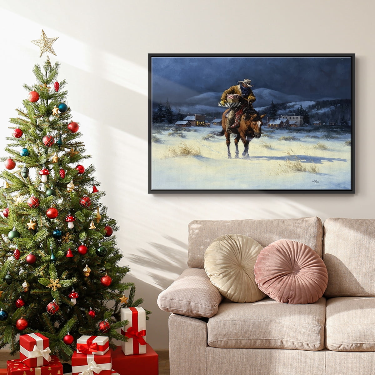 Bringing Christmas Home - Framed Gallery Wrapped Holiday Canvas - 25 x 37 - Black Frame