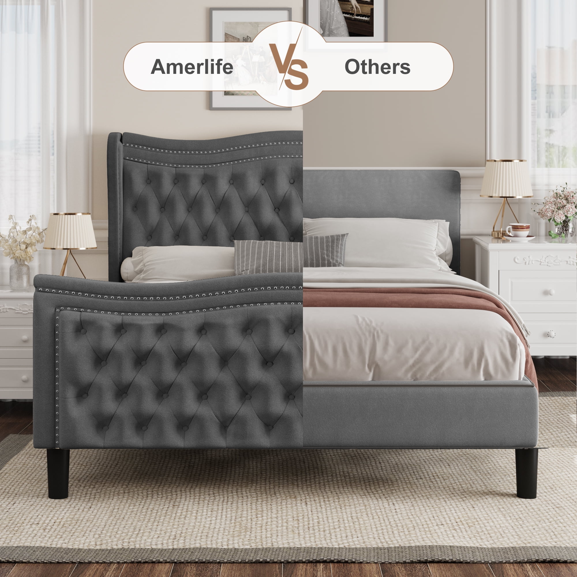 Miniyam Velvet Queen Size Bed with Button-Tufted Wingback Headboard for Adult, Gray