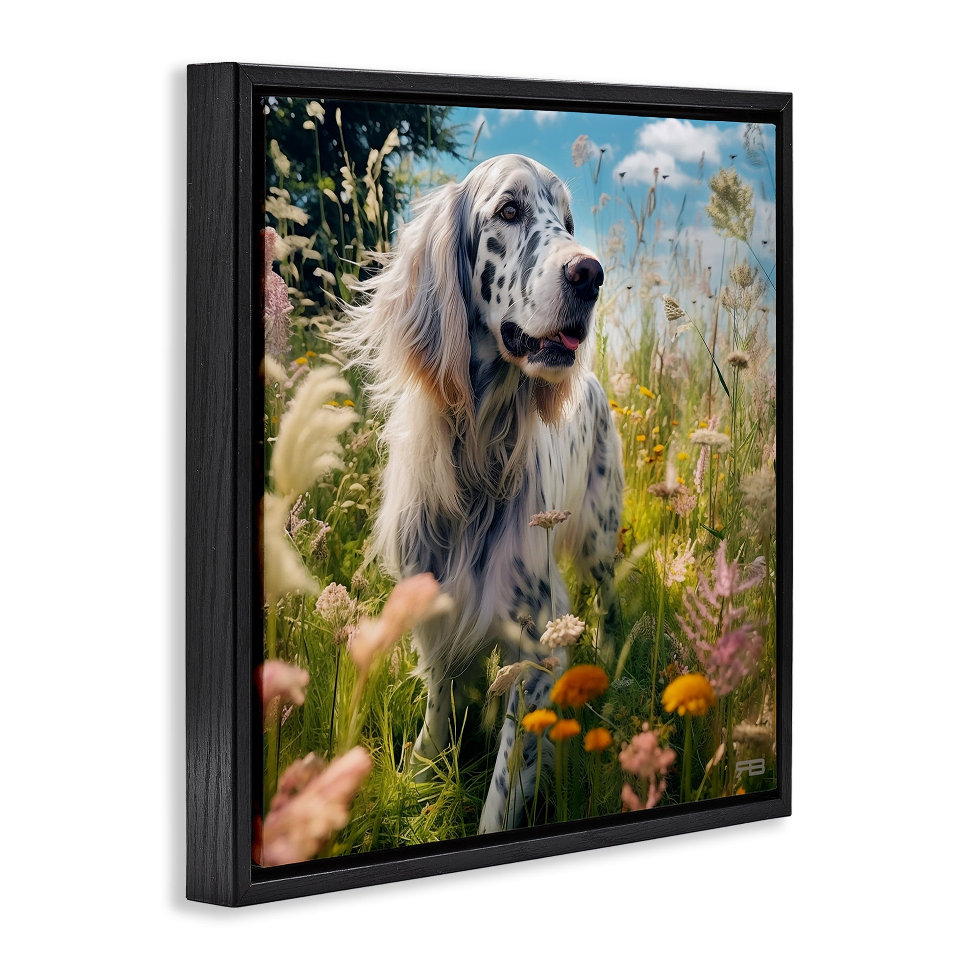 Stupell Industries Happy Dog Among Flowers Landscape Painting Black Floater Framed Canvas Art Print Wall Art, 18 x 18