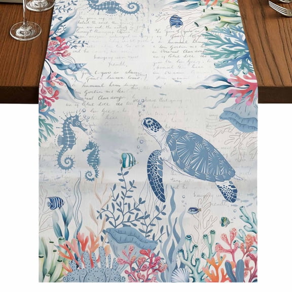Table Runners 60 Inches Long Dress Scarves, Sea Turtle Coastal Farmhouse Kitchen/Dining Table Runner, Small Coffee Tablerunners, Beach Nautical Ocean Coral Seahorse 13x60 Inch