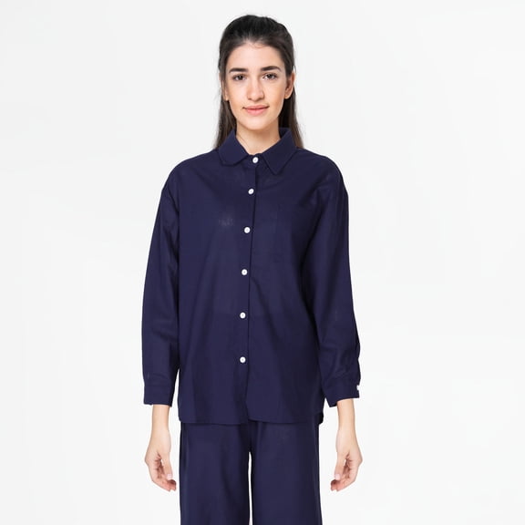 LABSERRON 1Set Loose Fit Navy Shirt with Wide Leg Pants Polyester Tracksuit for Stylish Daily Wear