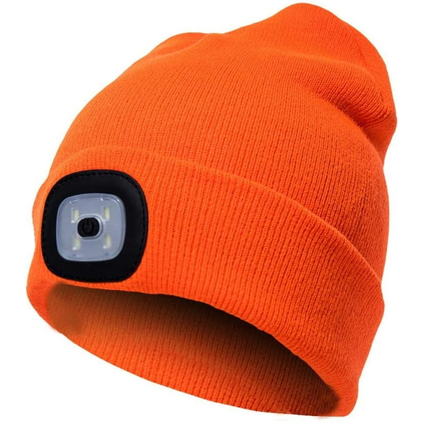 Bonnet LED unisexe avec lumière, cadeaux pour papa, gadgets cadeau pour  homme et femme USB rechargeable hiver tricot LighteLED phare chapeaux lampe  frontale torche tête de mort (orange vif). 