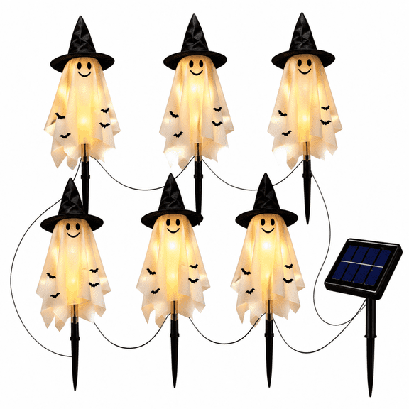 Kumdkd 6 Pack Solar Ghost Witch Stake Lights with Smiling Ghost & Witch Hat, Waterproof Auto-On Outdoor Halloween Yard Garden Pathway Decor