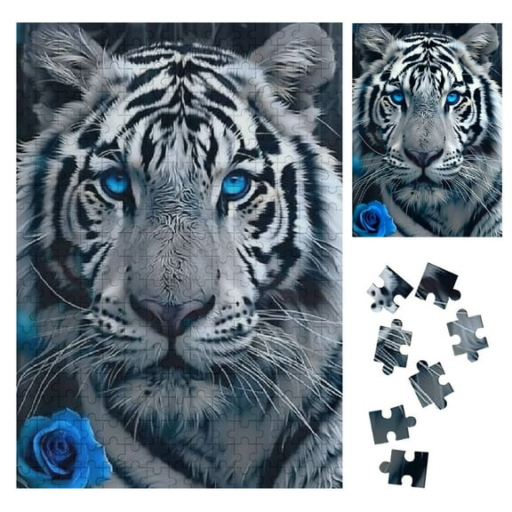 Shiartex White Tiger Blue Eyes Rose Wooden Jigsaw Puzzle for Family Friends, Premium Eco-Friendly Gift with Relaxing and Intellectual Challenge 300PCS