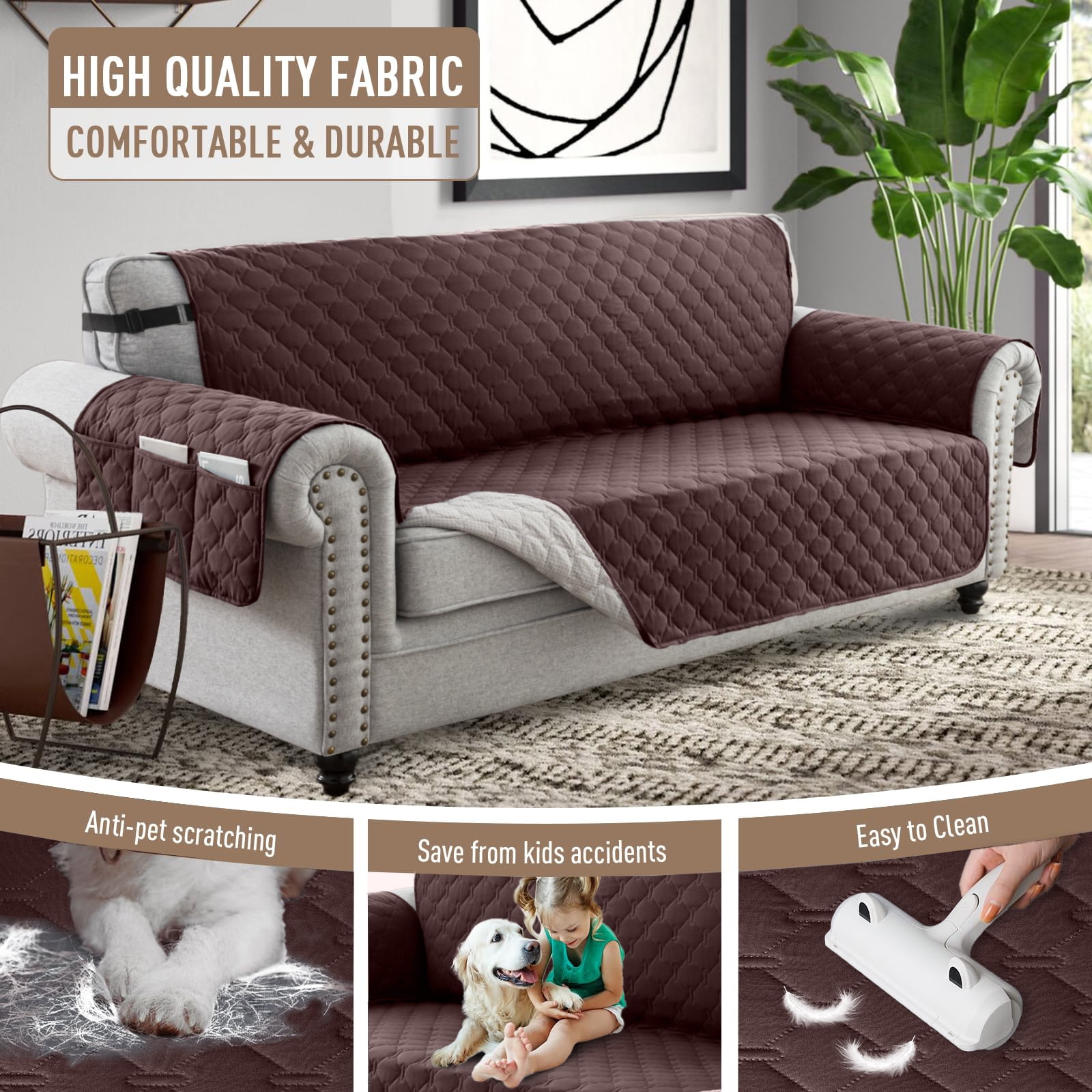 Sanmadrola Sofa Cover 100% Waterproof Couch Slipcovers Washable Non-Slip Furniture Protector with Pockets/Elastic Straps/Silicone Backing for Kids Pets Dogs, Brown, Sofa (Three-couch Sofa)