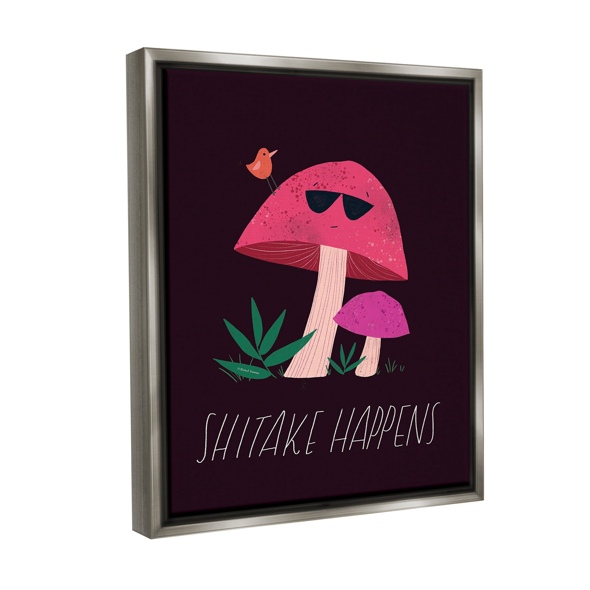 Stupell Industries Shitake Happens Mushroom Botanical & Floral Painting Gray Floater Framed Canvas Art Print Wall Art, 17 x 21