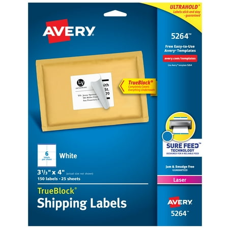 Avery Shipping Labels, Sure Feed, 3-1/3" x 4", 150 White Labels (5264)