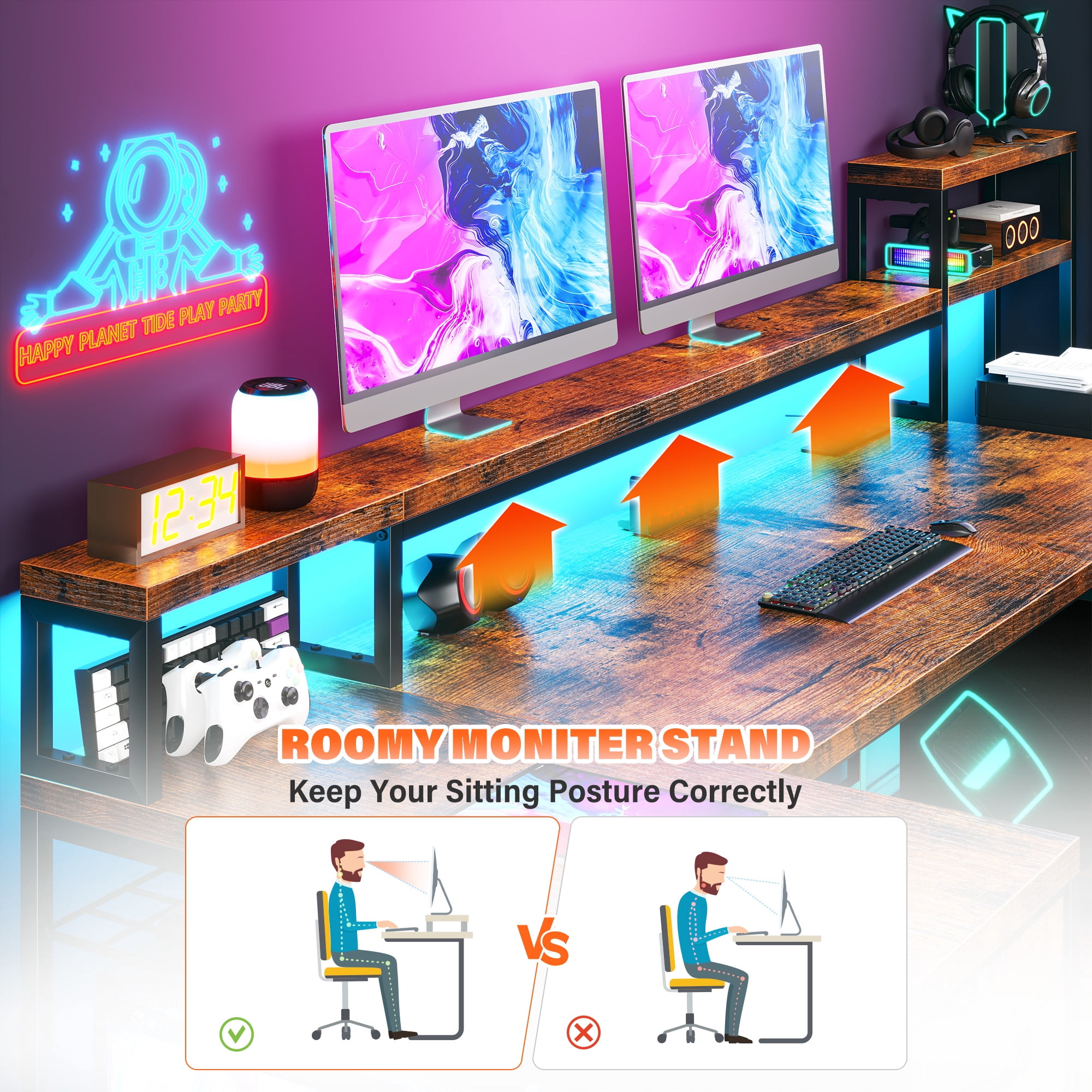 EnHomee 70.9" L Shaped Gaming Desk with Drawers, Computer Desk with Power Outlet & LED Lights, Home Office Desk, Rustic Brown