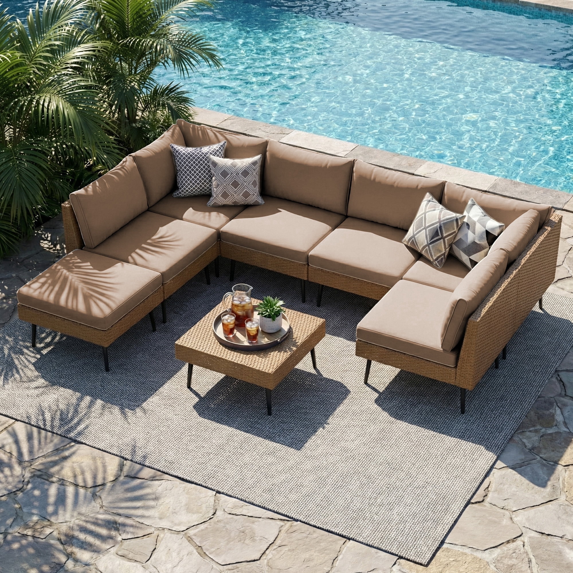LAZZO 8-Piece Outdoor Wicker Conversation Set, All-Weather Sectional Sofa with 6 Chairs & 2 Ottomans, Khaki Cushions