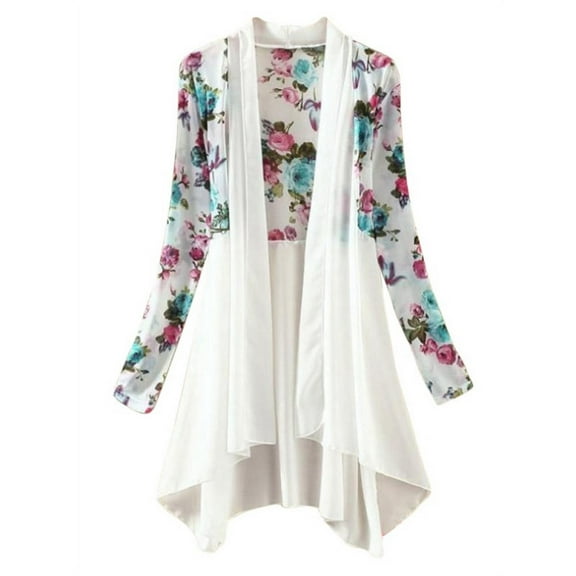 Women Summer Shirt Sunscreen Chiffon Blouse Floral Print Long Sleeve Open Stitch Cardigan Irregular Hem Ladies Tops
