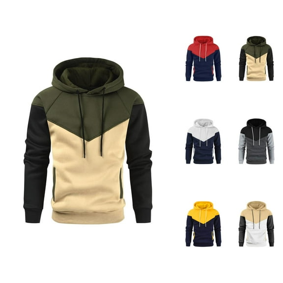 Mens Hoodies Pullover 2025 Fall Winter Long Sleeve Color Block Lined Hoodie with Pockets Hooded Sweatshirt